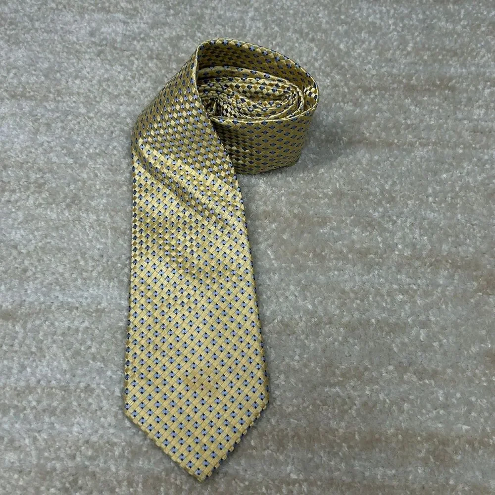 Michael Kors Tie Mens Yellow Blue Geometric Patterned Silk Necktie 100% Silk